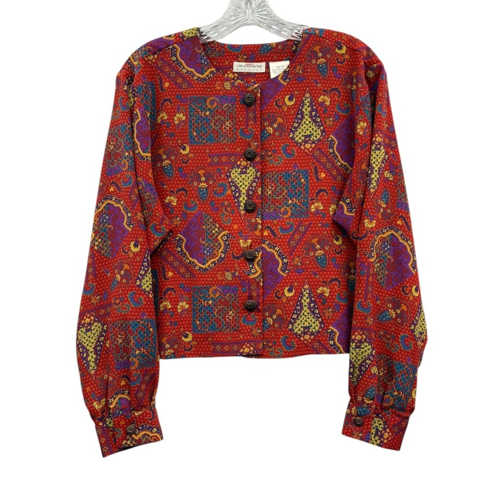 Vintage Liz Claiborne Paisley Blouse Red Patchwork Print Button Long Sleeve